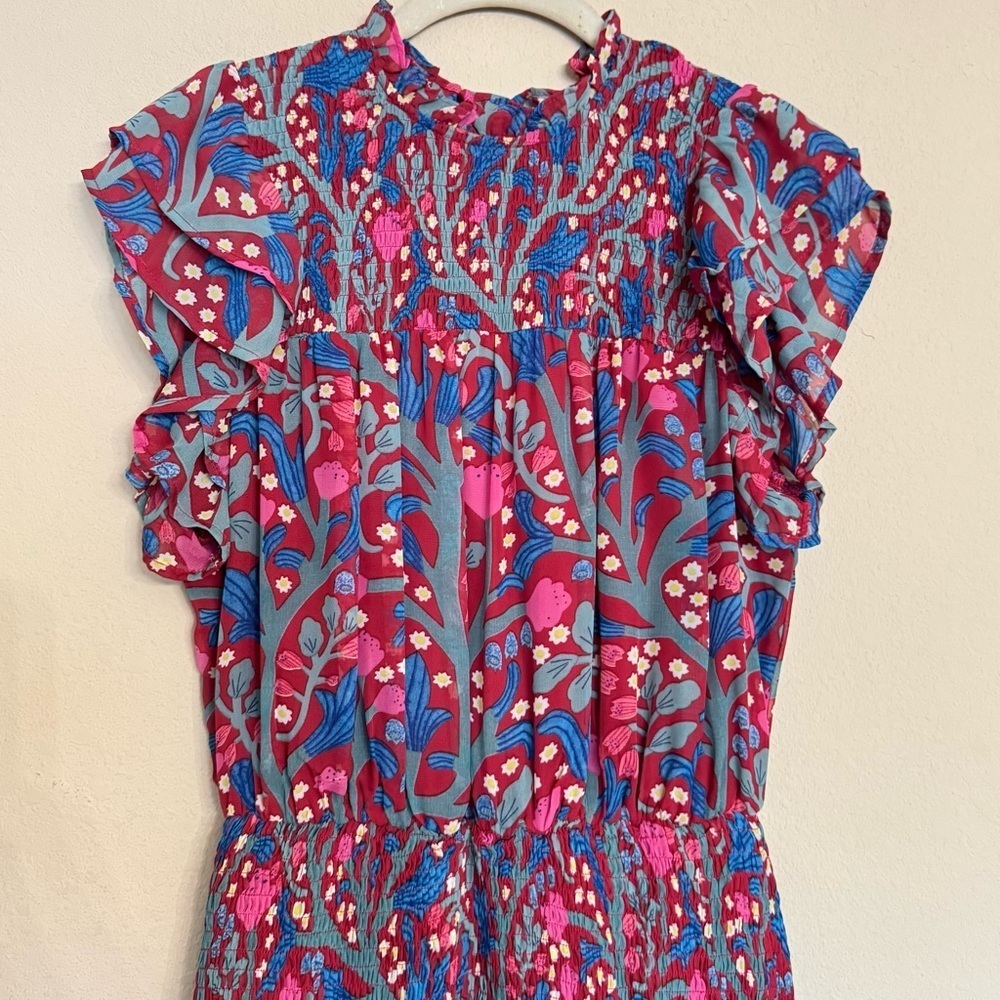 ENTRO Floral Print Multi Color Mini Dress Ruffle Sleeves Sz S Cottage Summer